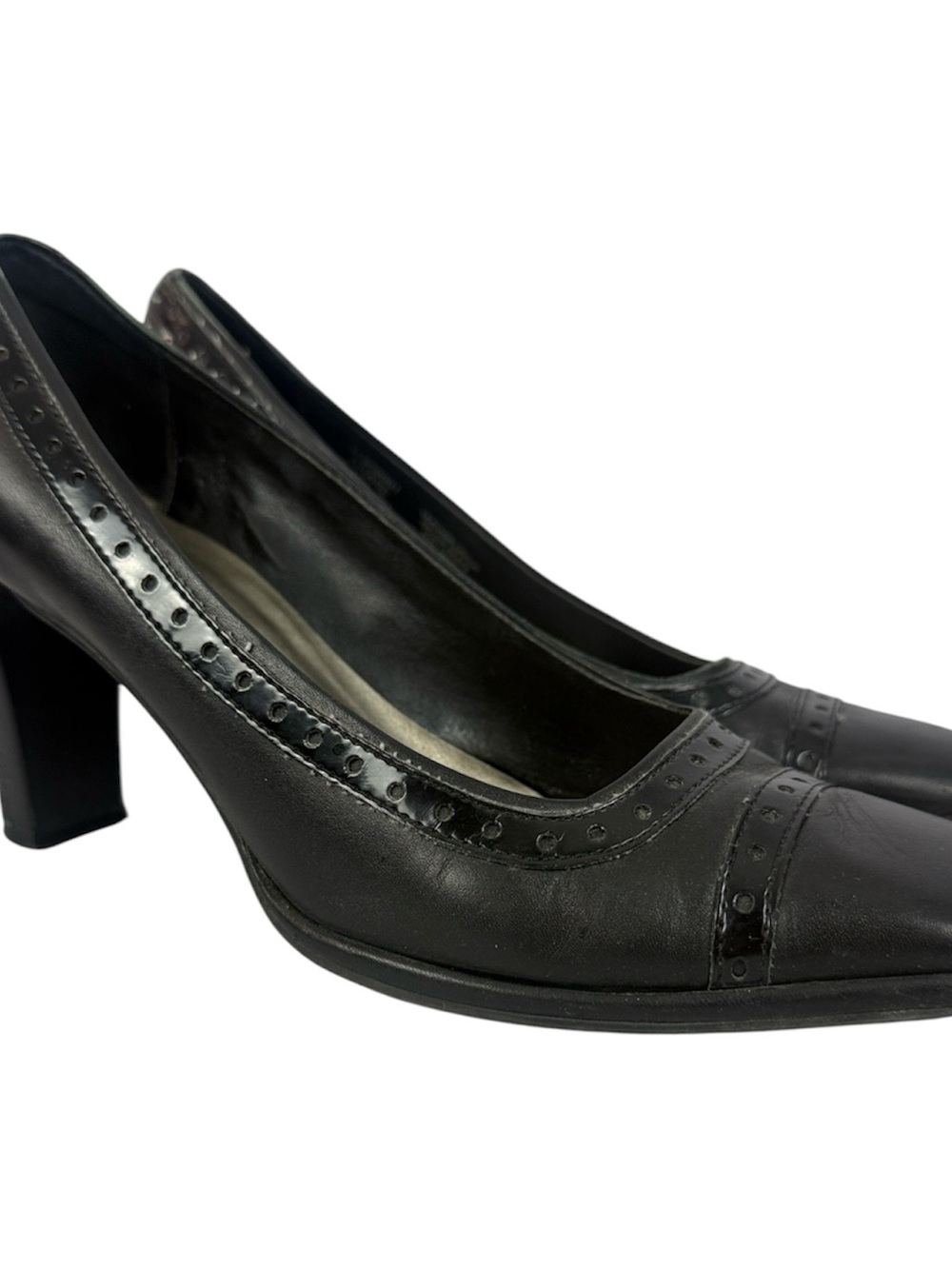 Naturalizer Chase Black Leather Square Toe Brogue Pump 3" Heels, Size 8M